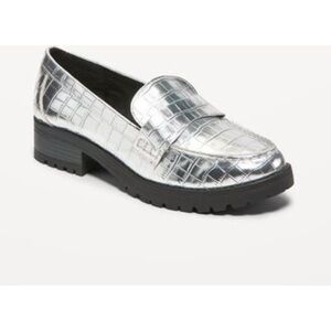 Silver Crocodile Print Chunky Heel Loafers